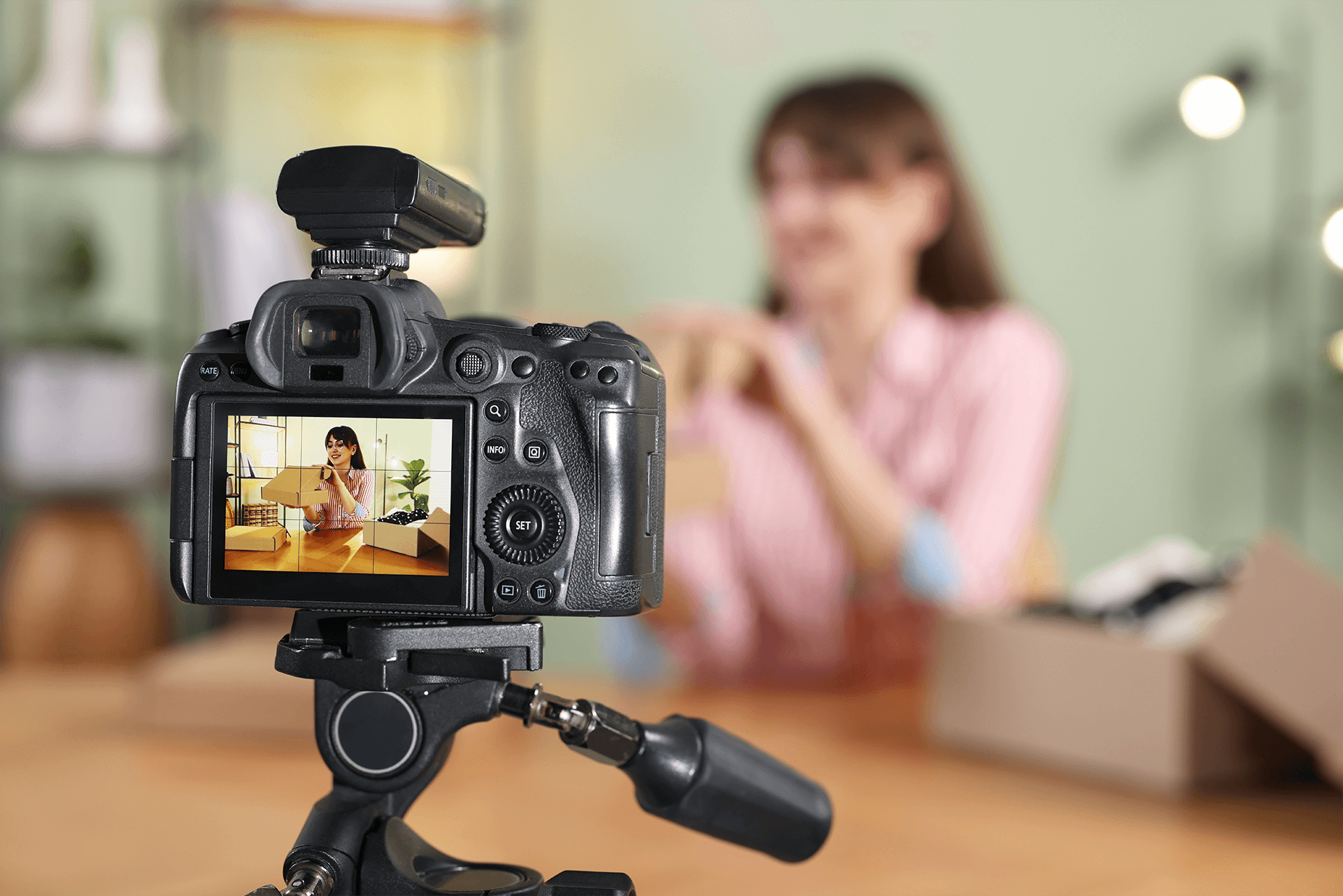 blogger recording video while unboxing package at home, photo focuses on camera while background is blurred