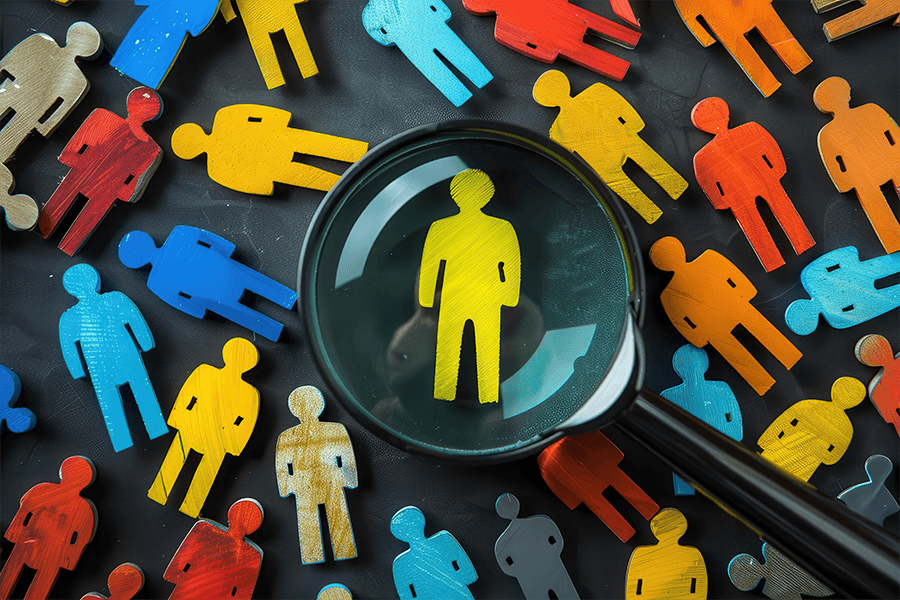 magnifying glass highlighting yellow figure among other colored figures